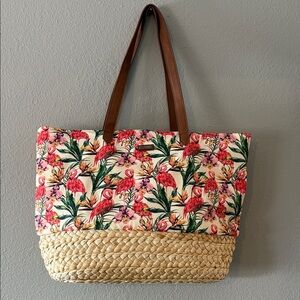 Carribean Joe Flamingo Print Beach Bag with Straw Bottom